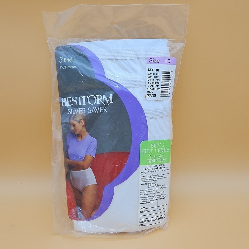 Vintage Bestform‎ Silver Saver Cotton Briefs Size 10 3 Pack 1995 NOS New White